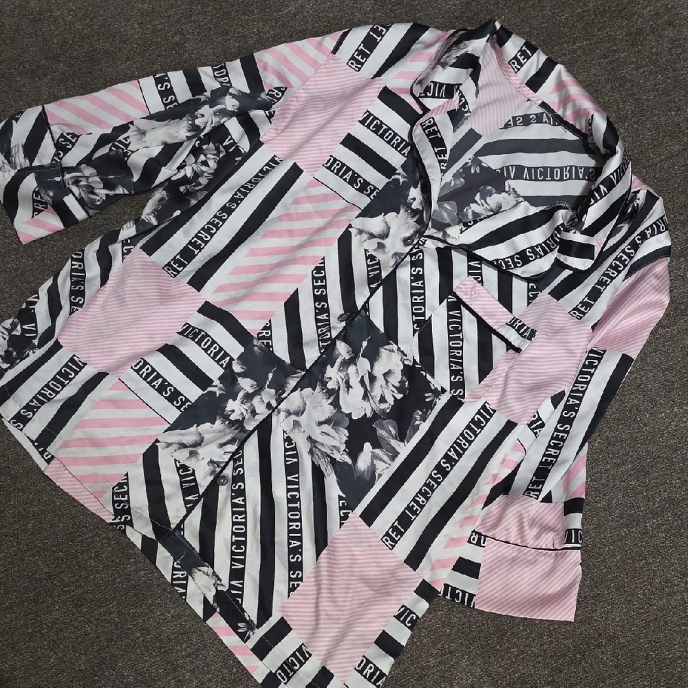 Vintage Victoria's Secret Pink and Black Striped Colorblock Satin Pajama Top